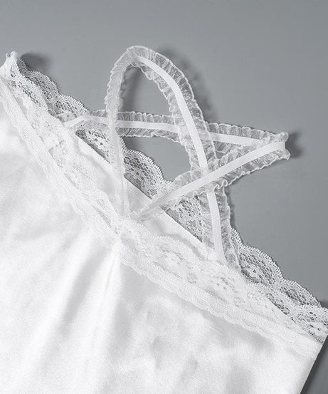 Enchanting White Lace Slip Midi Dress | Alluring Bow Cutout & Criss-Cross Back for Fall & Holiday Parties