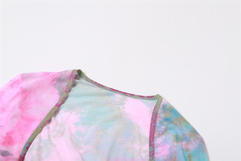 Enchanted Fairycore Tie-Dye Mini Skirt Set - Butterfly Halter Top & Flared Sleeves for Halloween & Rave Parties