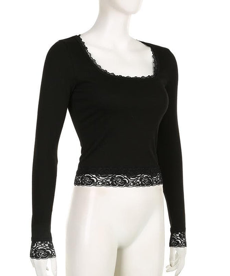 Fall Chic: Black Lace Trim Square Neck Long Sleeve Top | Versatile & Elegant Essential