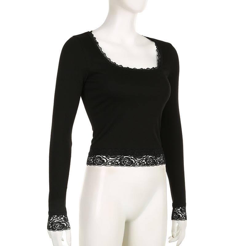 Fall Chic: Black Lace Trim Square Neck Long Sleeve Top | Versatile & Elegant Essential