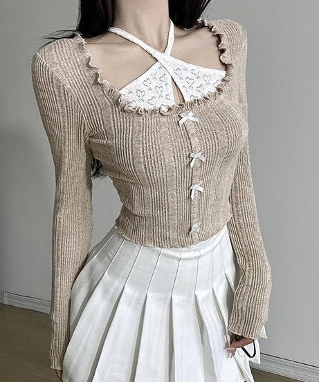 Autumn Coquette Ribbed Knit Crop Top: Layered Halter, Ruffles & Bows