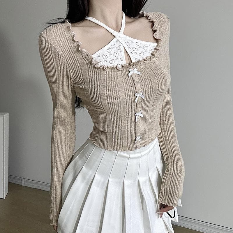 Autumn Coquette Ribbed Knit Crop Top: Layered Halter, Ruffles & Bows