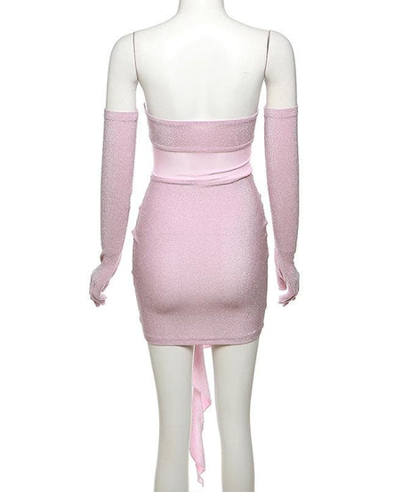 Glamour & Glow: Shimmering Rose Appliqué Mini Dress with Opera Gloves - Your Holiday Party & NYE Statement!