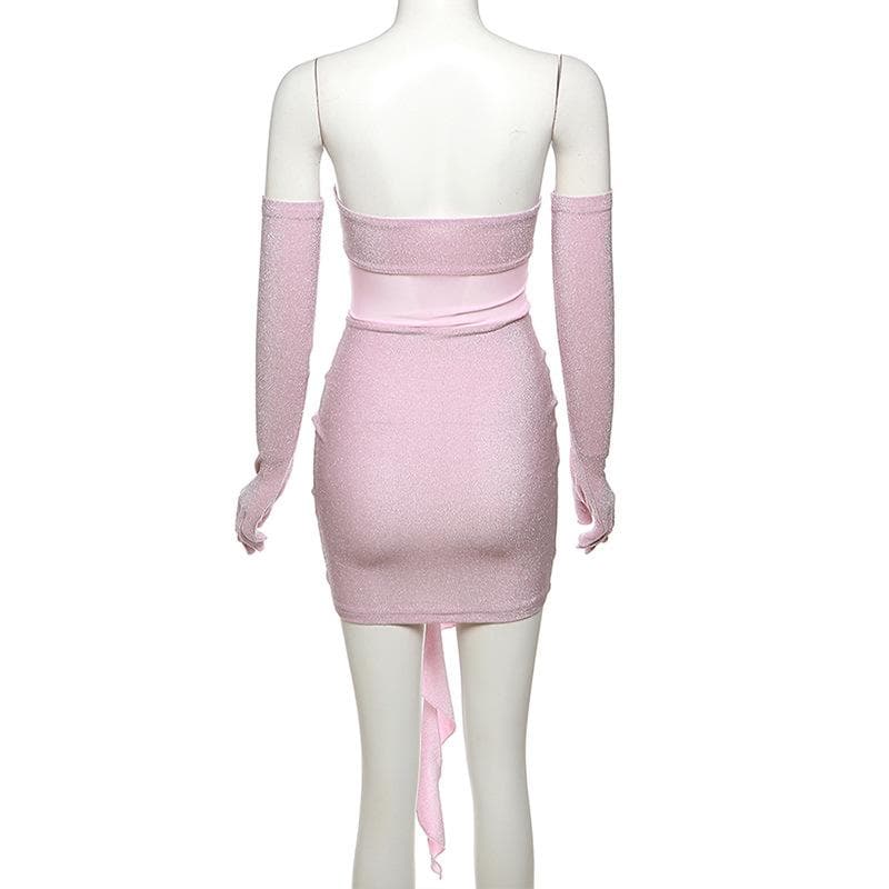 Glamour & Glow: Shimmering Rose Appliqué Mini Dress with Opera Gloves - Your Holiday Party & NYE Statement!