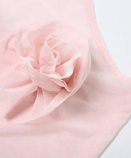 Coquette Dream Pink Halter Mini Dress | Sheer Mesh & Ruffle Flowers for Fall Parties