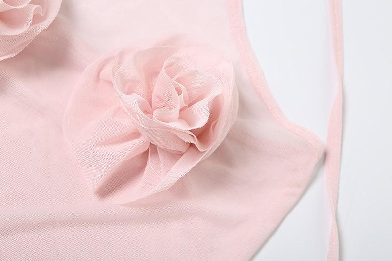 Coquette Dream Pink Halter Mini Dress | Sheer Mesh & Ruffle Flowers for Fall Parties
