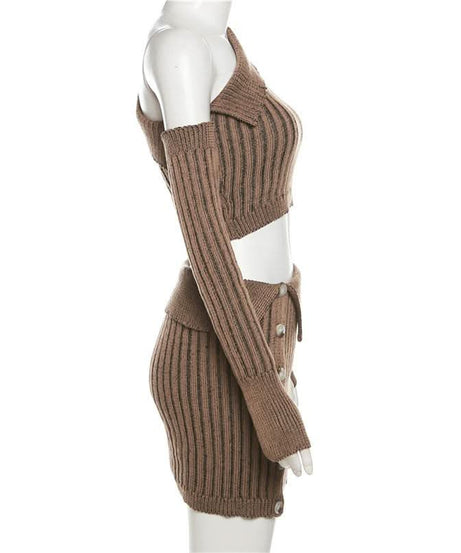 Fall's Must-Have: Chic Chocolate Ribbed Knit Asymmetrical Crop Top & Mini Skirt Set with Arm Warmers