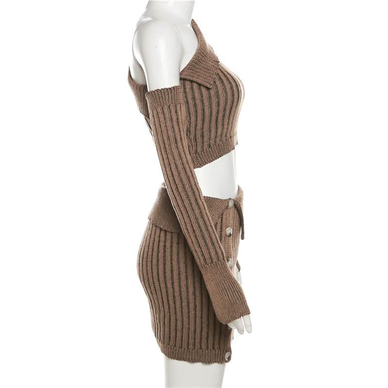 Fall's Must-Have: Chic Chocolate Ribbed Knit Asymmetrical Crop Top & Mini Skirt Set with Arm Warmers