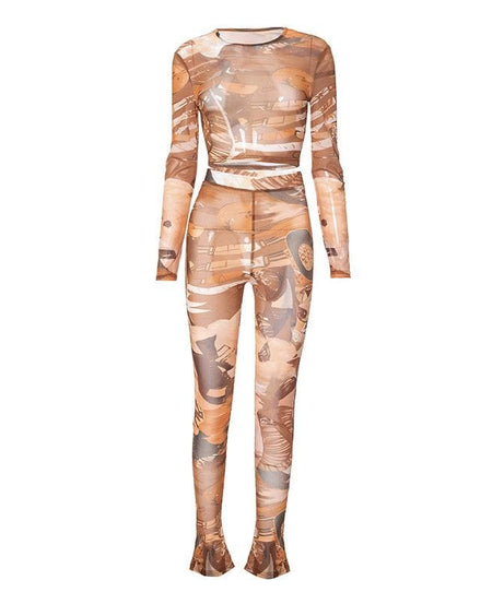 Fall Femme Fatale: Abstract Art Mesh Crop Top & Flared Leggings Set - Trendy 2-Piece Co-Ord