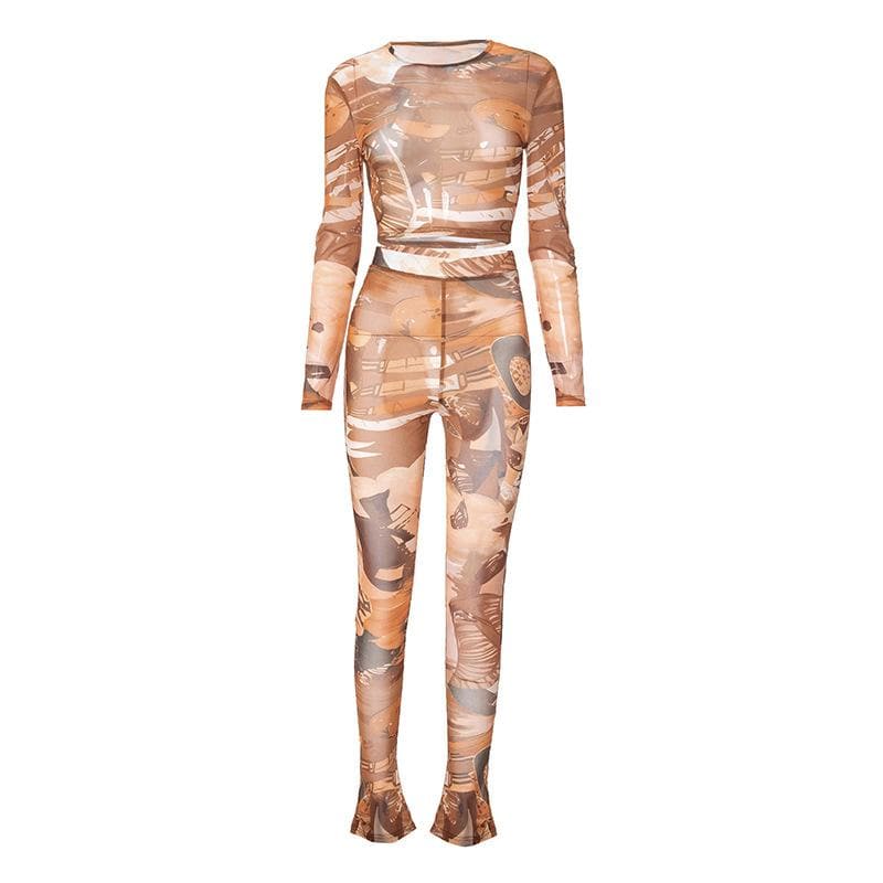 Fall Femme Fatale: Abstract Art Mesh Crop Top & Flared Leggings Set - Trendy 2-Piece Co-Ord