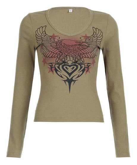 Y2K Grunge Eagle & Tribal Graphic Ribbed V-Neck Long Sleeve Top - Fall Fashion 2025