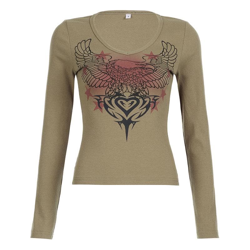 Y2K Grunge Eagle & Tribal Graphic Ribbed V-Neck Long Sleeve Top - Fall Fashion 2025