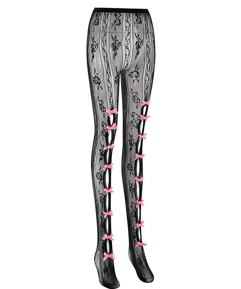 Sultry Red Lace & Bowknot Fishnet Tights - Daring Cut-Out Hosiery for Halloween & Beyond