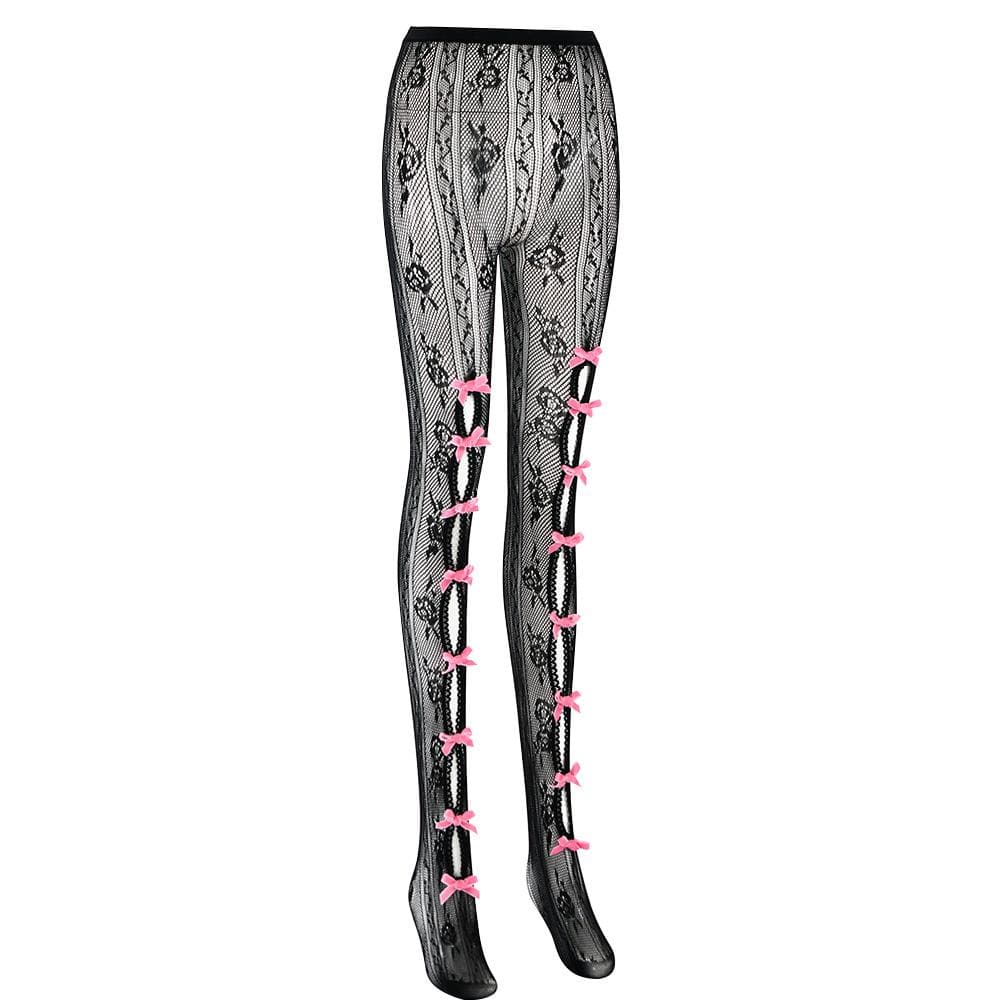 Sultry Red Lace & Bowknot Fishnet Tights - Daring Cut-Out Hosiery for Halloween & Beyond