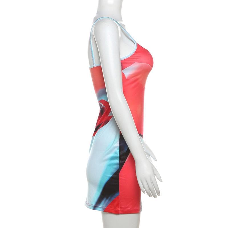 Vibrant Abstract Bloom Bodycon Mini Dress – Red & Blue Statement for Fall Parties