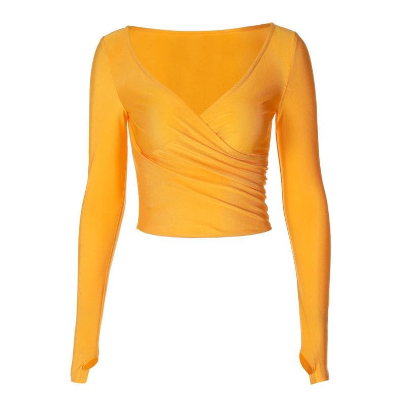 Chic Fall Essential: Black Wrap V-Neck Long Sleeve Crop Top with Thumbholes