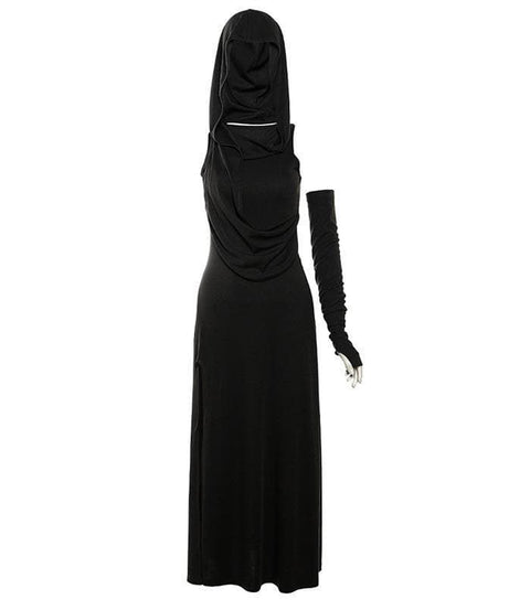 Effortless Autumn Style: Hooded Maxi Dress with High Slit & Arm Warmer Set