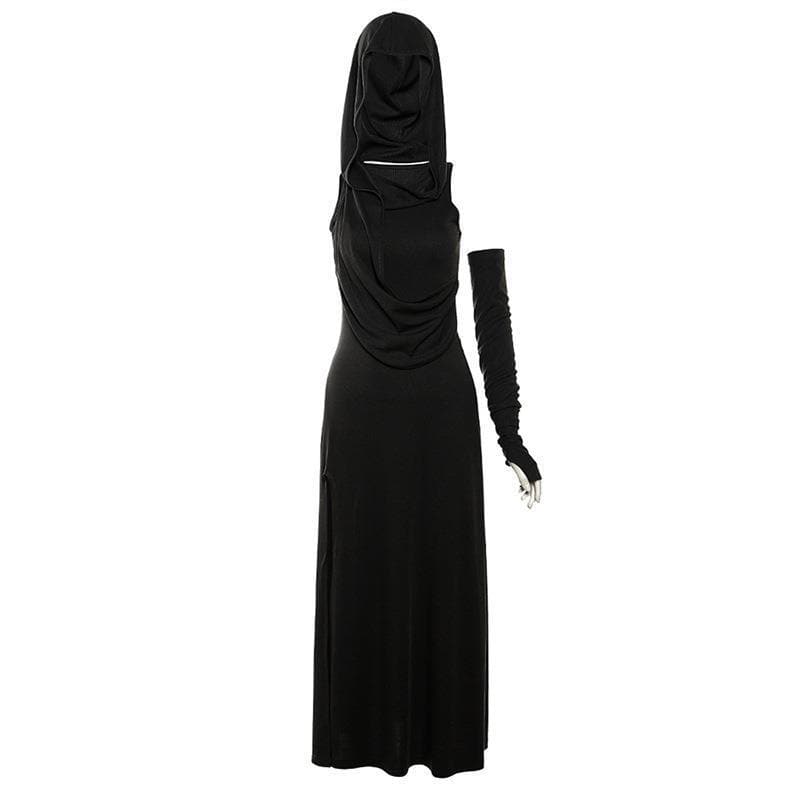Effortless Autumn Style: Hooded Maxi Dress with High Slit & Arm Warmer Set