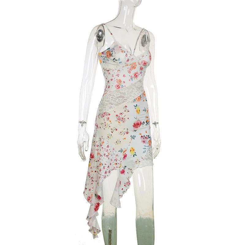 Romantic Floral Lace Cami Mini Dress - Asymmetrical Hem & Resort Ready Style