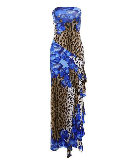 Daring Bloom: Blue Floral & Leopard Print Strapless Maxi Dress with High Slit – Fall & Holiday Glamour