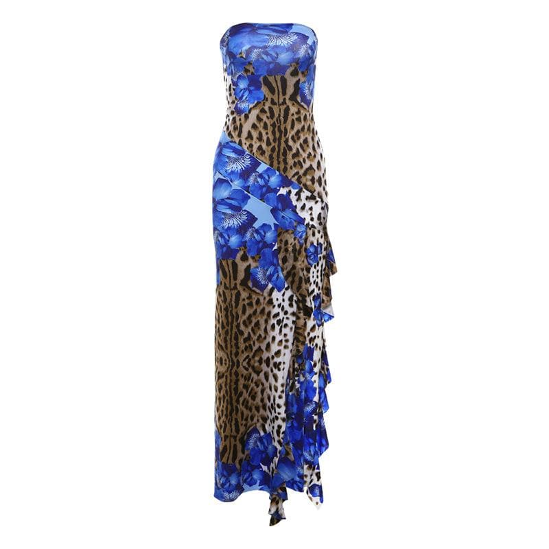 Daring Bloom: Blue Floral & Leopard Print Strapless Maxi Dress with High Slit – Fall & Holiday Glamour