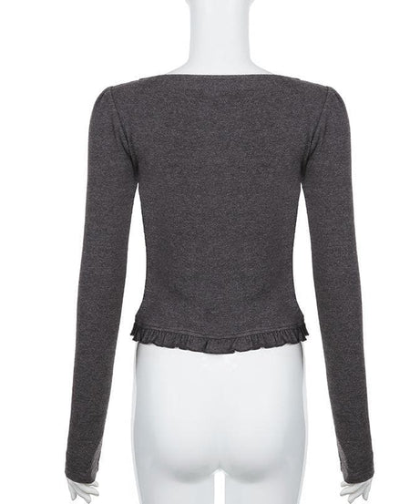 Autumn Chic Y2K Ribbed Ruffle Patchwork Long Sleeve Top