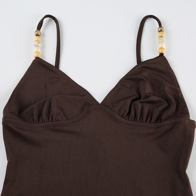 Fall Chic Espresso Cami Top: Pearl & Wood Beaded V-Neck Cropped Tank