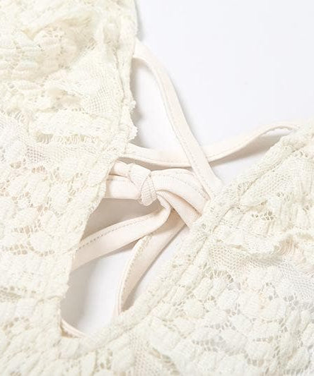 Chic Ruffled Halter Swim Romper - Cream Lace One-Piece Skirted Swimsuit for Tropical Getaways & Resort Wear