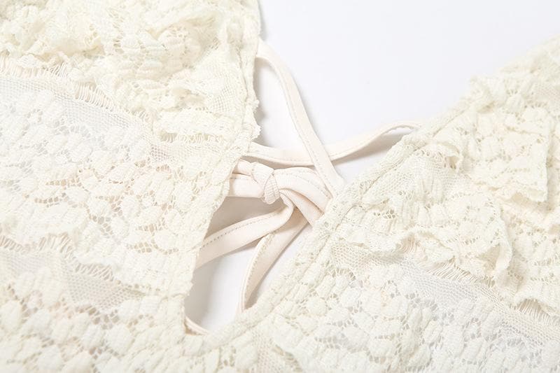 Chic Ruffled Halter Swim Romper - Cream Lace One-Piece Skirted Swimsuit for Tropical Getaways & Resort Wear