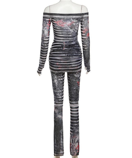 Y2K Edgy Dragon Tattoo Sheer Mesh Two-Piece Set - Off-Shoulder Top & Pants for Fall/Halloween