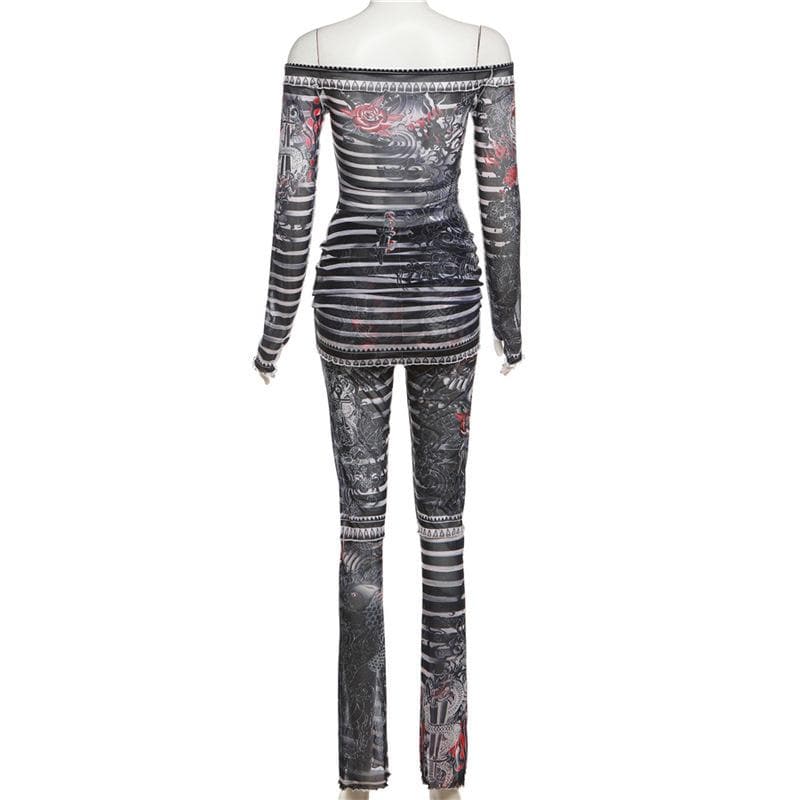 Y2K Edgy Dragon Tattoo Sheer Mesh Two-Piece Set - Off-Shoulder Top & Pants for Fall/Halloween