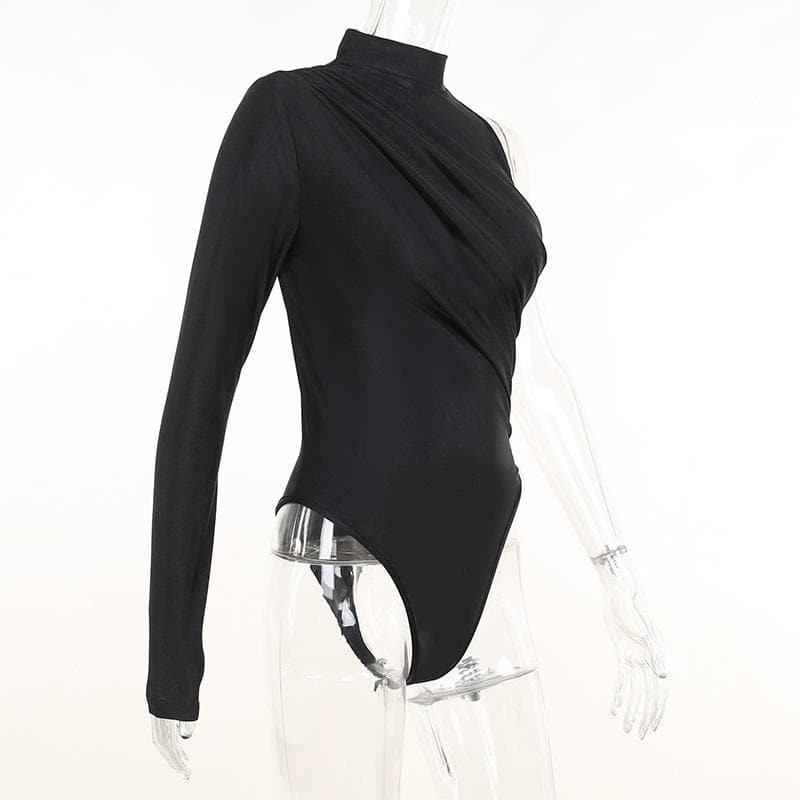 Effortless Fall Chic: Black One-Shoulder Ruched Bodysuit - Draped Mock Neck Style