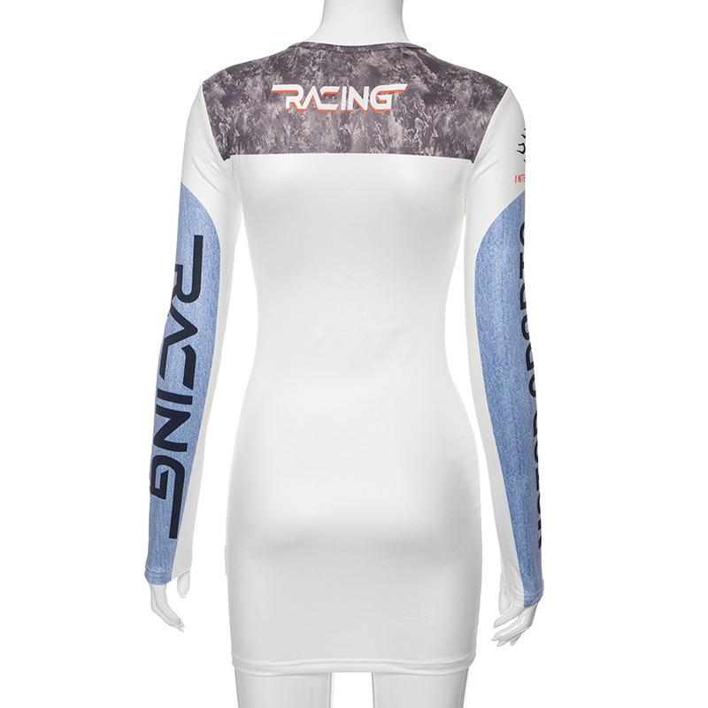 Rev Up Your Fall Style: Edgy Motorsports Denim Print Long Sleeve Bodycon Mini Dress