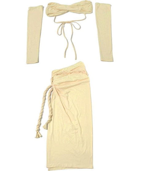 Effortless Glam 3-Piece Set: Strapless Bandeau Top, High-Slit Maxi Skirt & Statement Sleeves – Perfect for Fall Getaways & Events