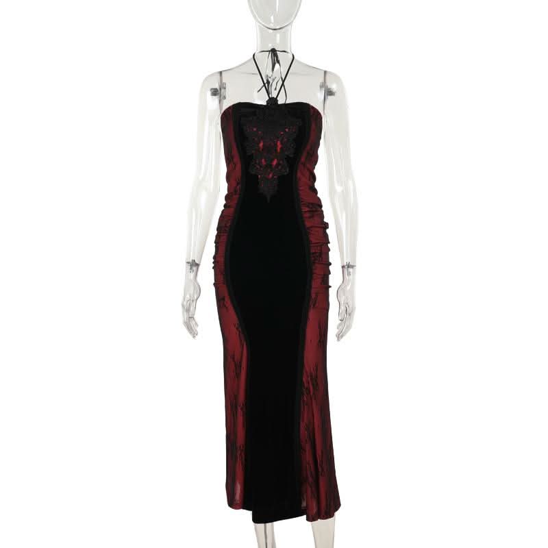 Sultry Enchantress: Velvet & Crimson Embroidered Halter Maxi Dress for Fall & Holiday Soirées