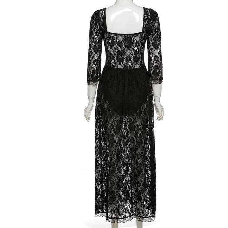 Sultry Black Lace Off-The-Shoulder Maxi Dress with Thigh Slit - Perfect for Fall & Holiday Galas