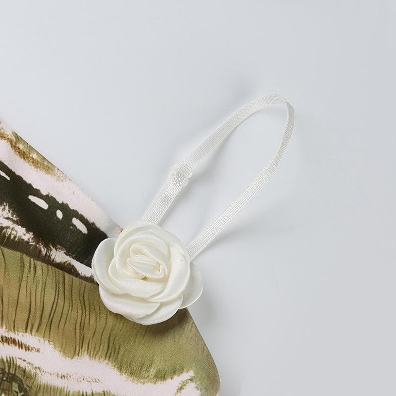 Autumn Meadow Chic: Olive Green Abstract Print Cami with Dainty Rose Appliqué