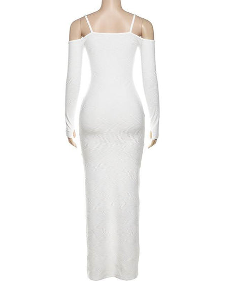 Chic White Ribbed Off-Shoulder Maxi Dress | Fall & Holiday Season Staple