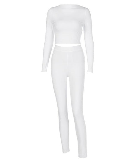 Cozy Chic White Long Sleeve Crop Top & High-Waisted Leggings Set - Your Fall/Winter Go-To!
