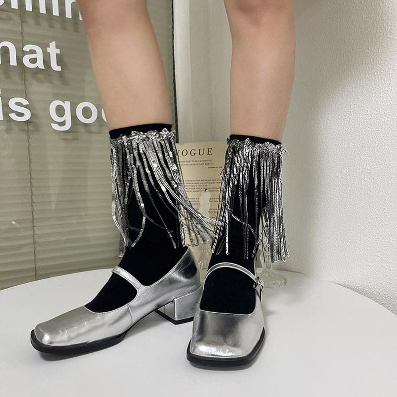 Dazzling Pink Sequin Tassel Ankle Socks | Festive Party Glam for Women