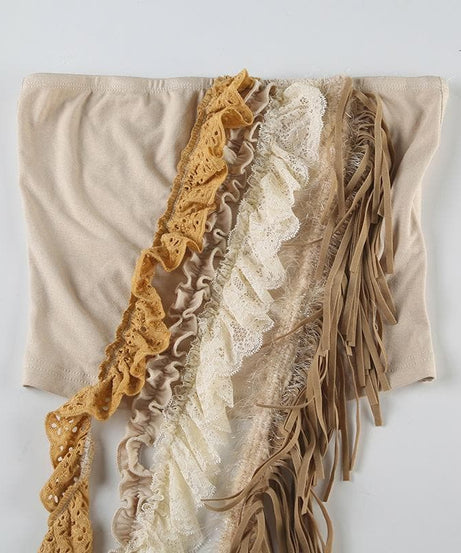 Fall Fringe Flair: Boho Layered Lace & Ruffle Tube Top for Women