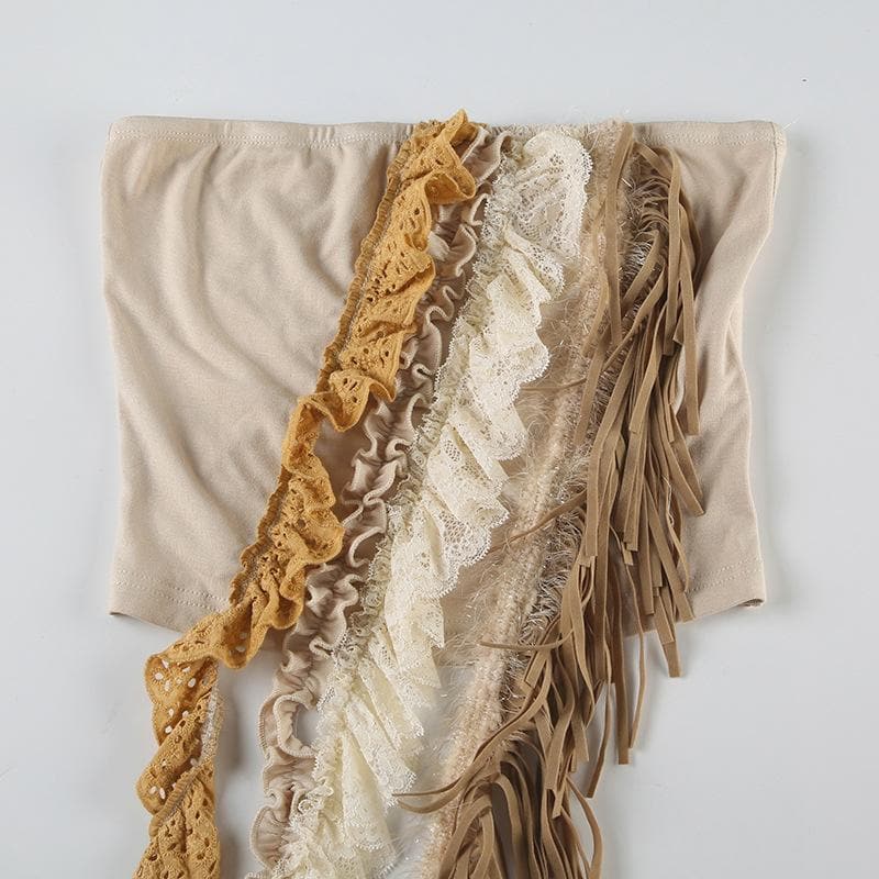 Fall Fringe Flair: Boho Layered Lace & Ruffle Tube Top for Women