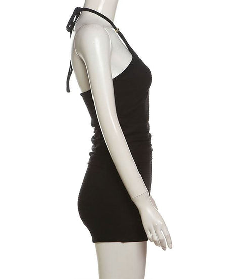 Effortless Chic: Black Halter Neck Backless Textured Shorts Set – Perfect for Fall Layering & Cozy Comfort