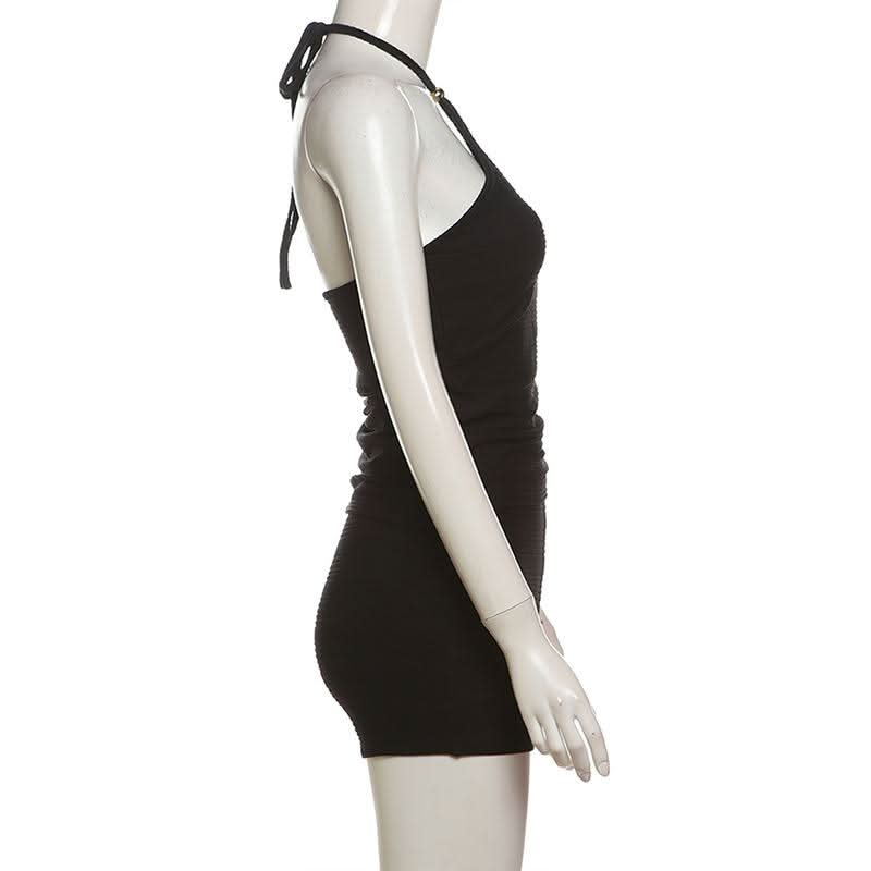 Effortless Chic: Black Halter Neck Backless Textured Shorts Set – Perfect for Fall Layering & Cozy Comfort