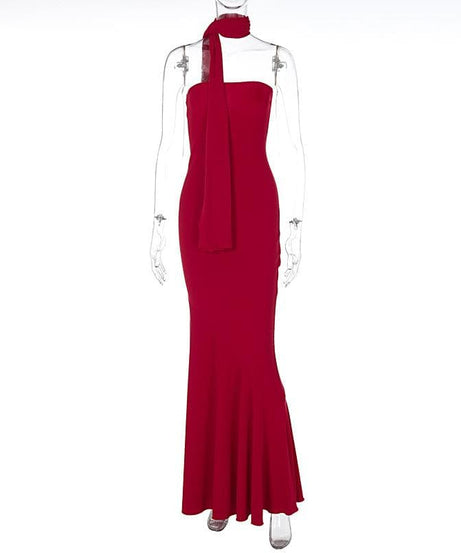 The Holiday Siren: Red Strapless Mermaid Maxi Dress with Elegant Shawl