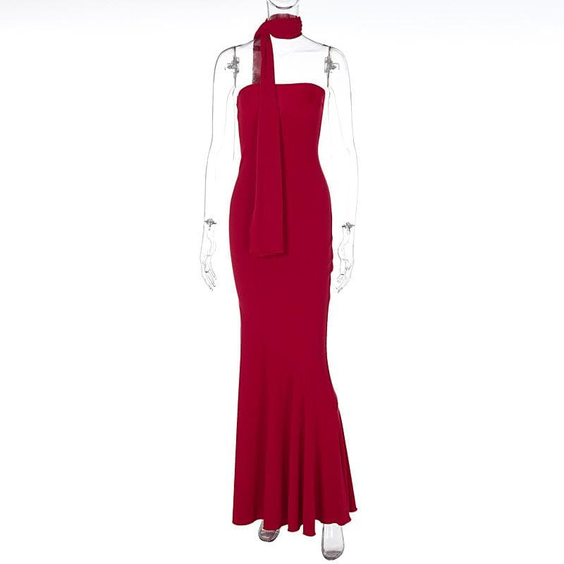 The Holiday Siren: Red Strapless Mermaid Maxi Dress with Elegant Shawl