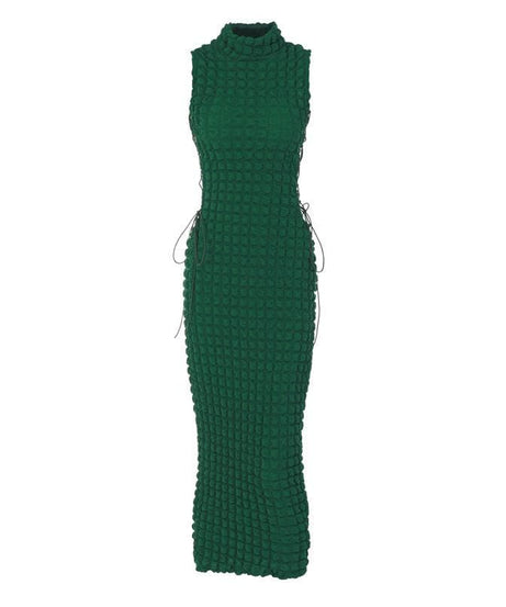 Emerald Elegance: Fall Waffle Knit High Neck Midi Dress with Adjustable Side Lace-Up – Perfect for Holiday Season