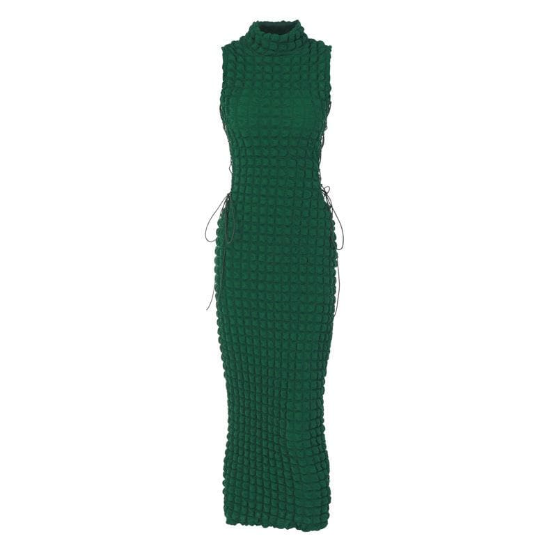 Emerald Elegance: Fall Waffle Knit High Neck Midi Dress with Adjustable Side Lace-Up – Perfect for Holiday Season