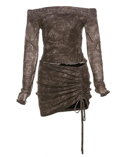 Bewitching Fall Night Out Set: Off-Shoulder Mesh Top & Ruched Mini Skirt