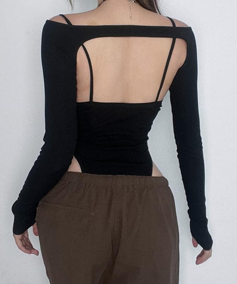 Edgy Y2K Buckle Mesh Bodysuit & Off-Shoulder Shrug Set - Perfect for Fall Nights Out